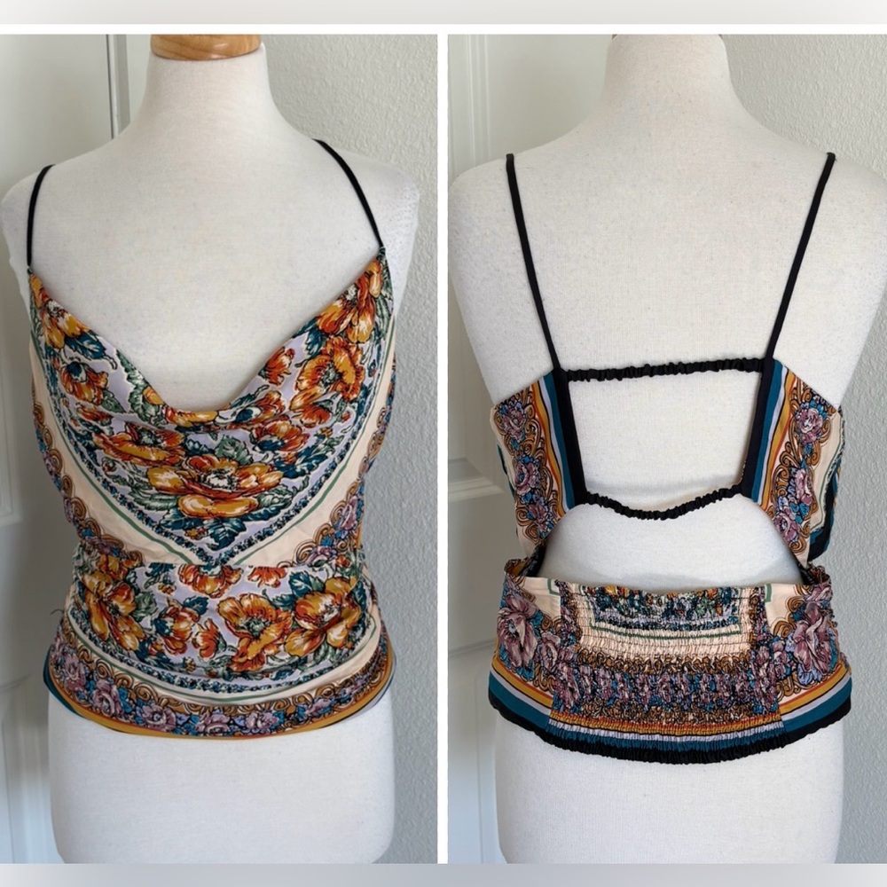 Anthropologie Floral Cami Silky Top Sz L Cowl Neck Open Back Colorful Spring